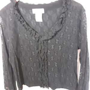 Christine & Jill Black Stretch Lace Top Fully Lined Size XL Ruffle neckline